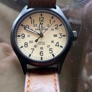 Timex “Expedition” stainless quartz watch with suede strap and indiglo